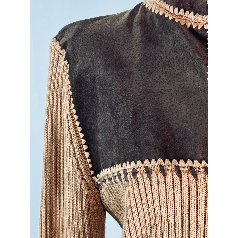 Vintage Lisa Suede Knit Zip Up Cardigan Tan Brown Western Boho Y2K Jacket Large - Picture 4 of 12